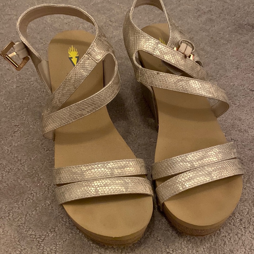 Volatile snake print tan wedges